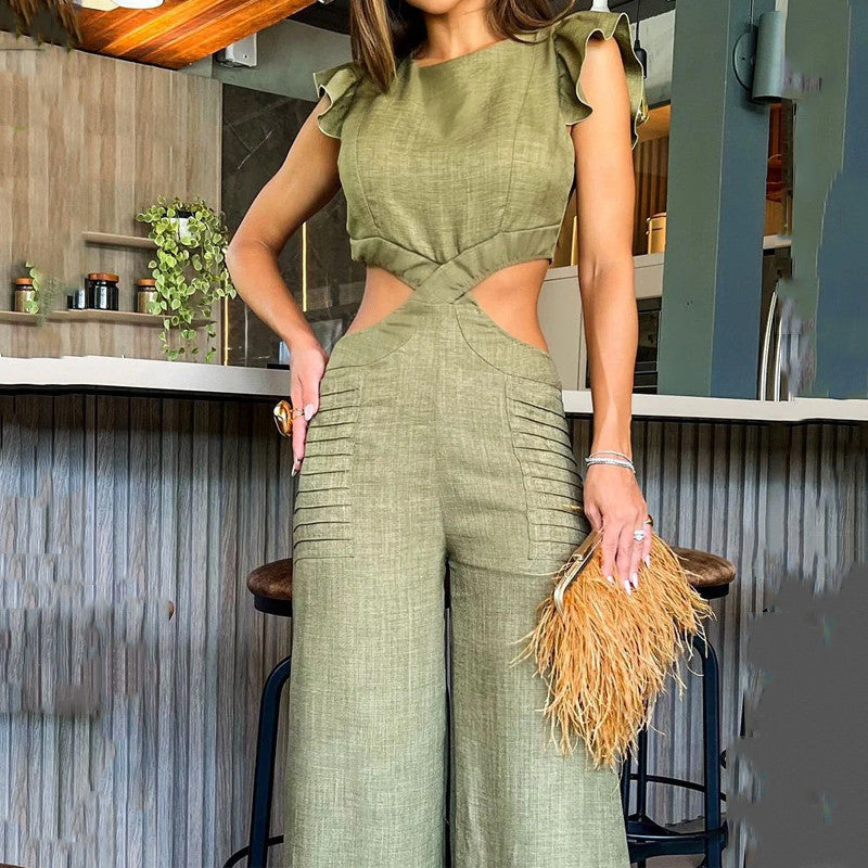 Summer Round Neck Ruffled Loose Trousers Jumpsuits