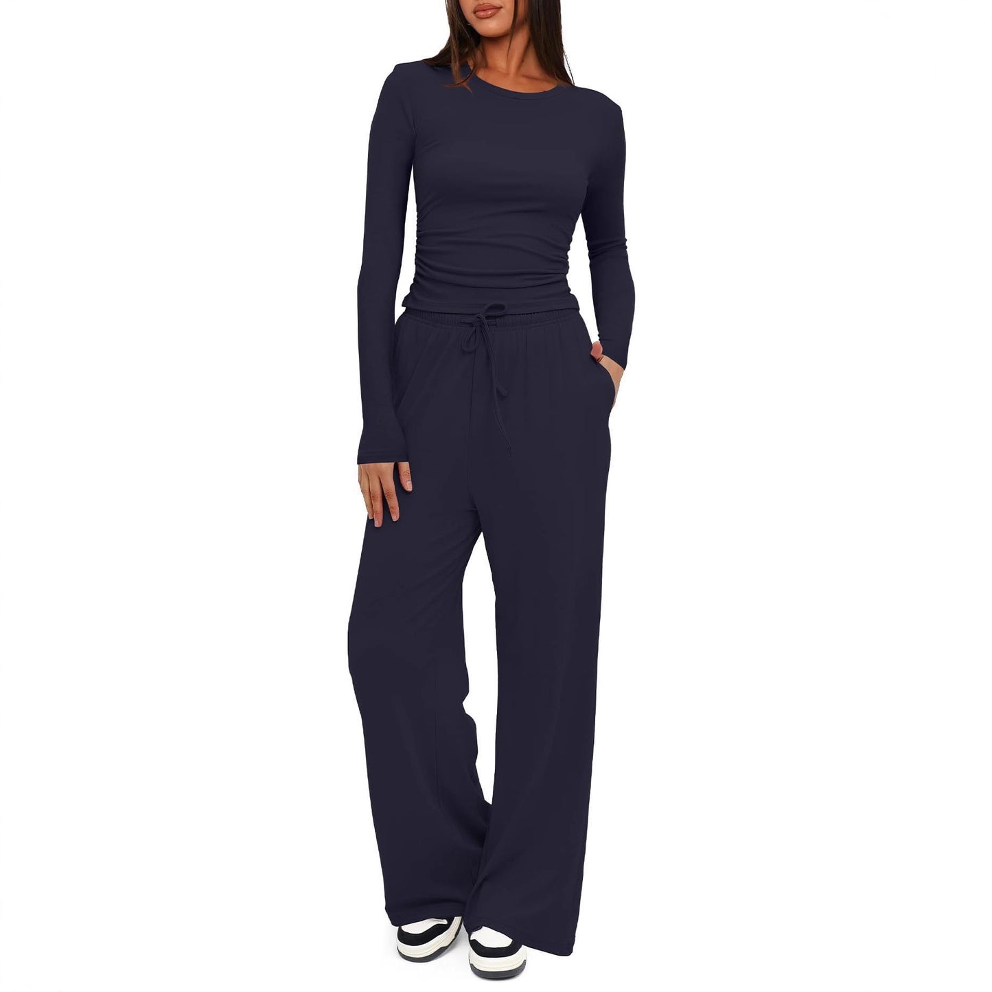 Solid Color Long Sleeves Outfit High Waist Wide Tops