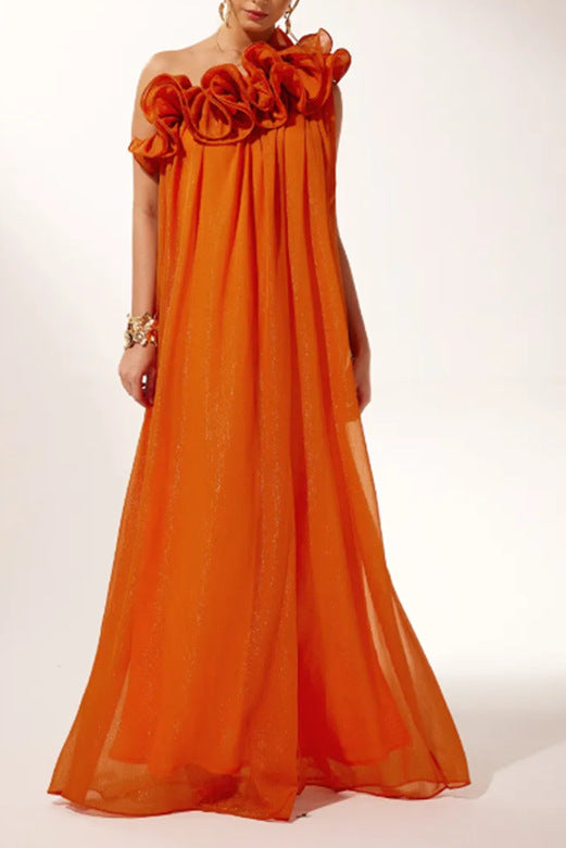 Women's Solid Color Three-dimensional Embossed Strapless Sloping Dresses