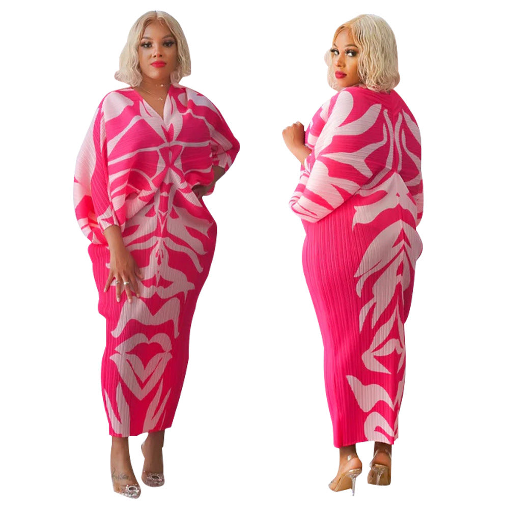Women's Polyester Batwing Sleeve Pleated Printed Dress Dresses