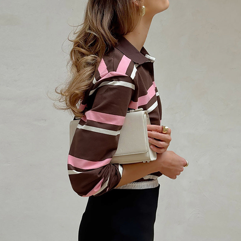 Women's Stripe Knitted Long-sleeved Shirt Slim Round Blouses