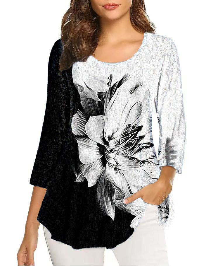 Autumn Three-quarter Sleeve Round Neck Printed Mid-length Bottoming Tops