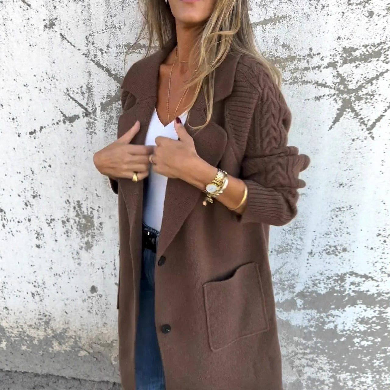 Women's Twist Knit Stitching Lapel Large Coats