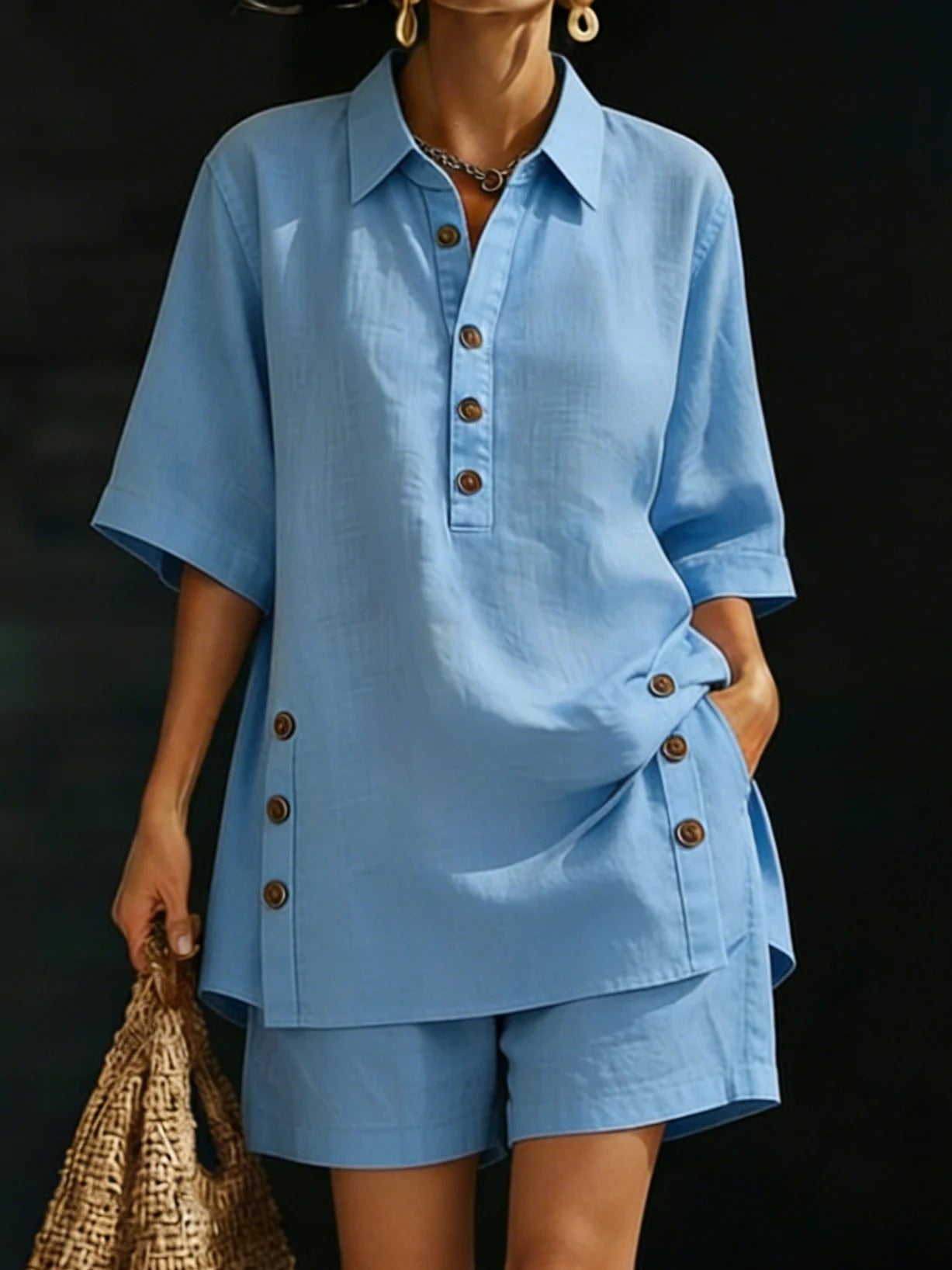 Women's Shirt Loose Fastener Decoration Two-piece Fashion Casual Suit