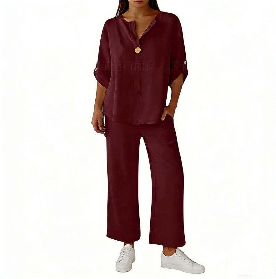 Women's Two-piece Simple Solid Color Sleeve Trousers Fashion Casual Suit