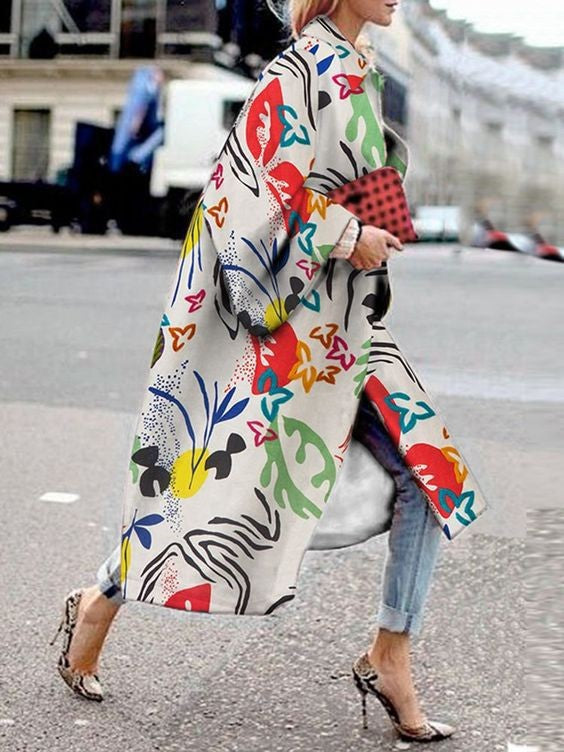 Women's Long Bell Sleeve Printed Loose Trench Coats