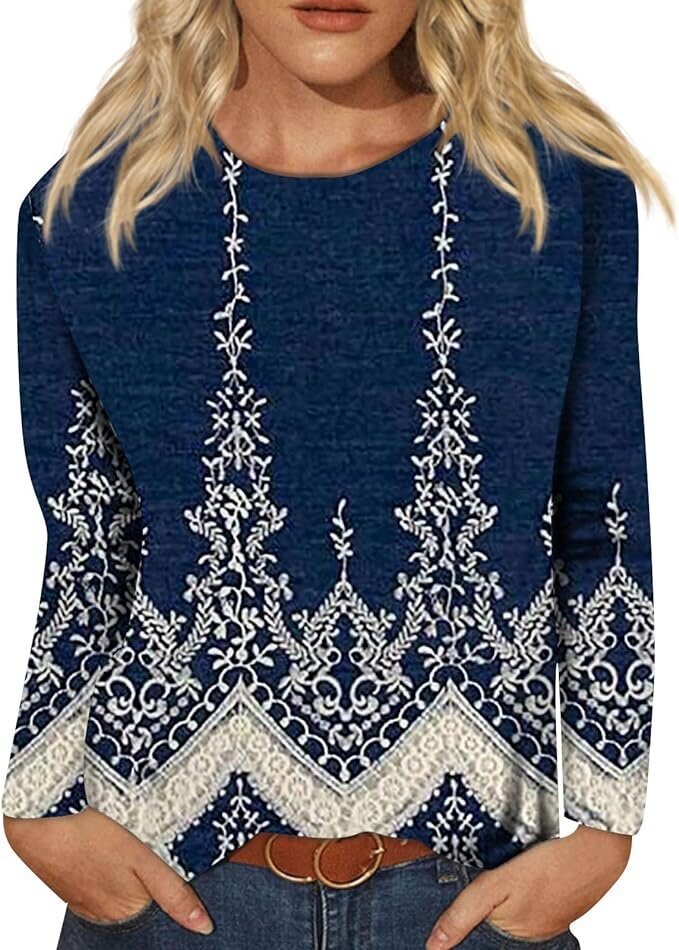 Women's Round Neck Long Sleeve Loose Print Tops
