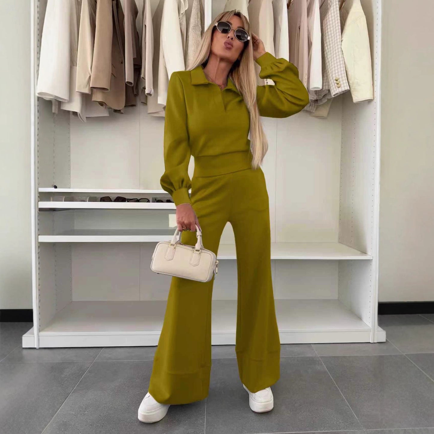 Women's Long Sleeve Elastic Wide Leg Two-piece Set Solid Color Polo Pants