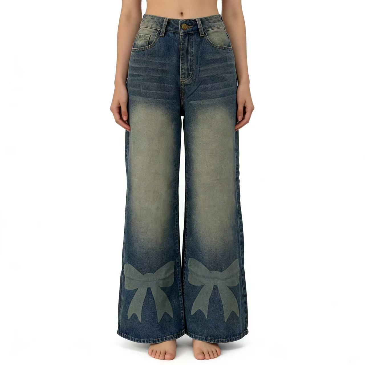 Women's Loose Casual Retro Wide Leg Bow Print Women's Jeans