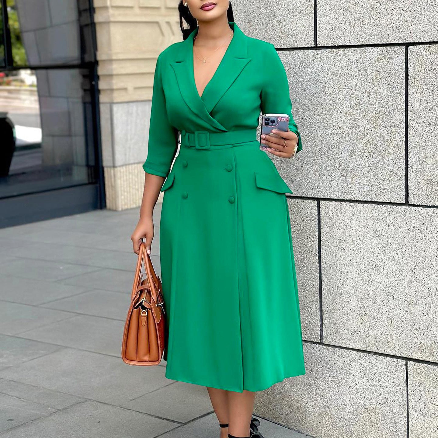 Women's Fashion Elegant Double-breasted Collar Solid Color Dress