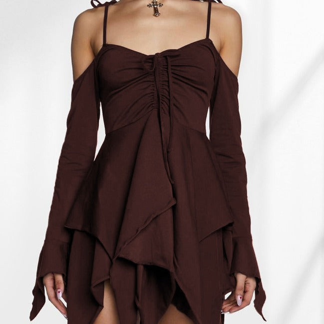 Women's Style Milk Silk Patchwork Cold-shoulder Long Sleeve High Waist Slip Clothing