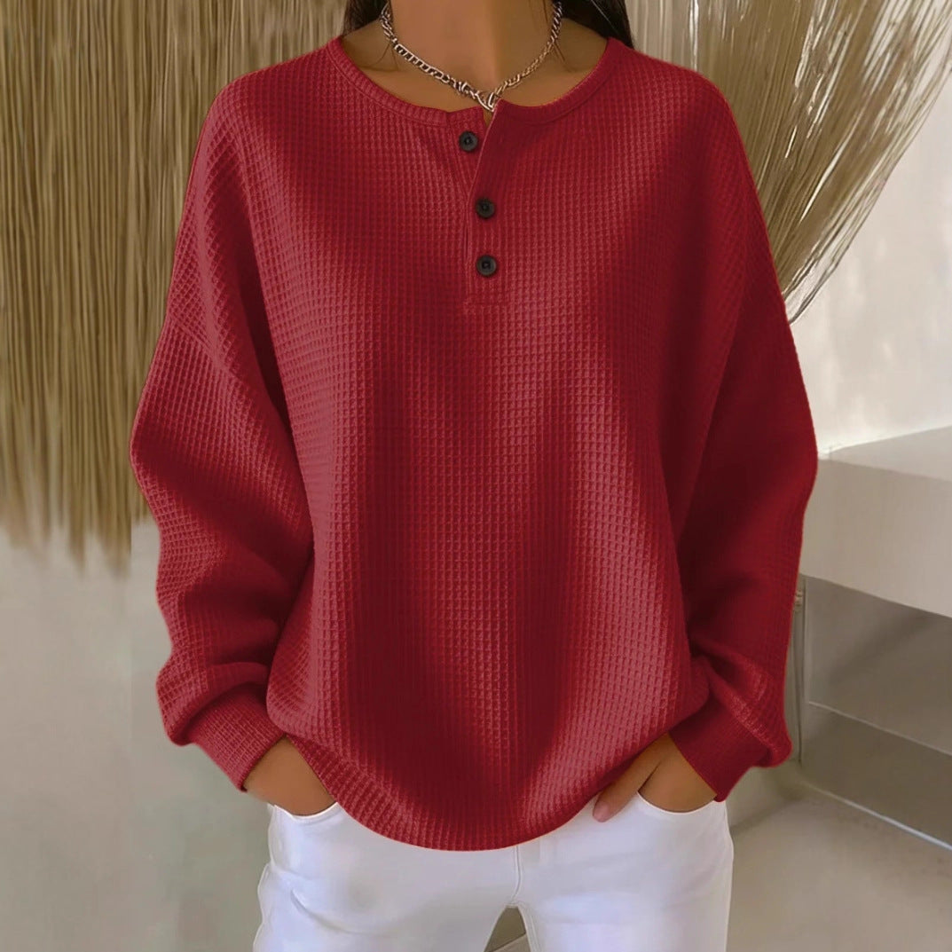 Round Neck Waffle Solid Color Pullover Women's Sweater, Sweater