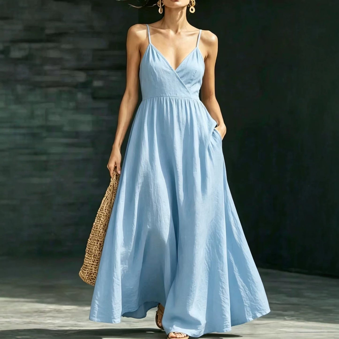 Women's Summer Backless Strap Pocket Elegant Long Dress