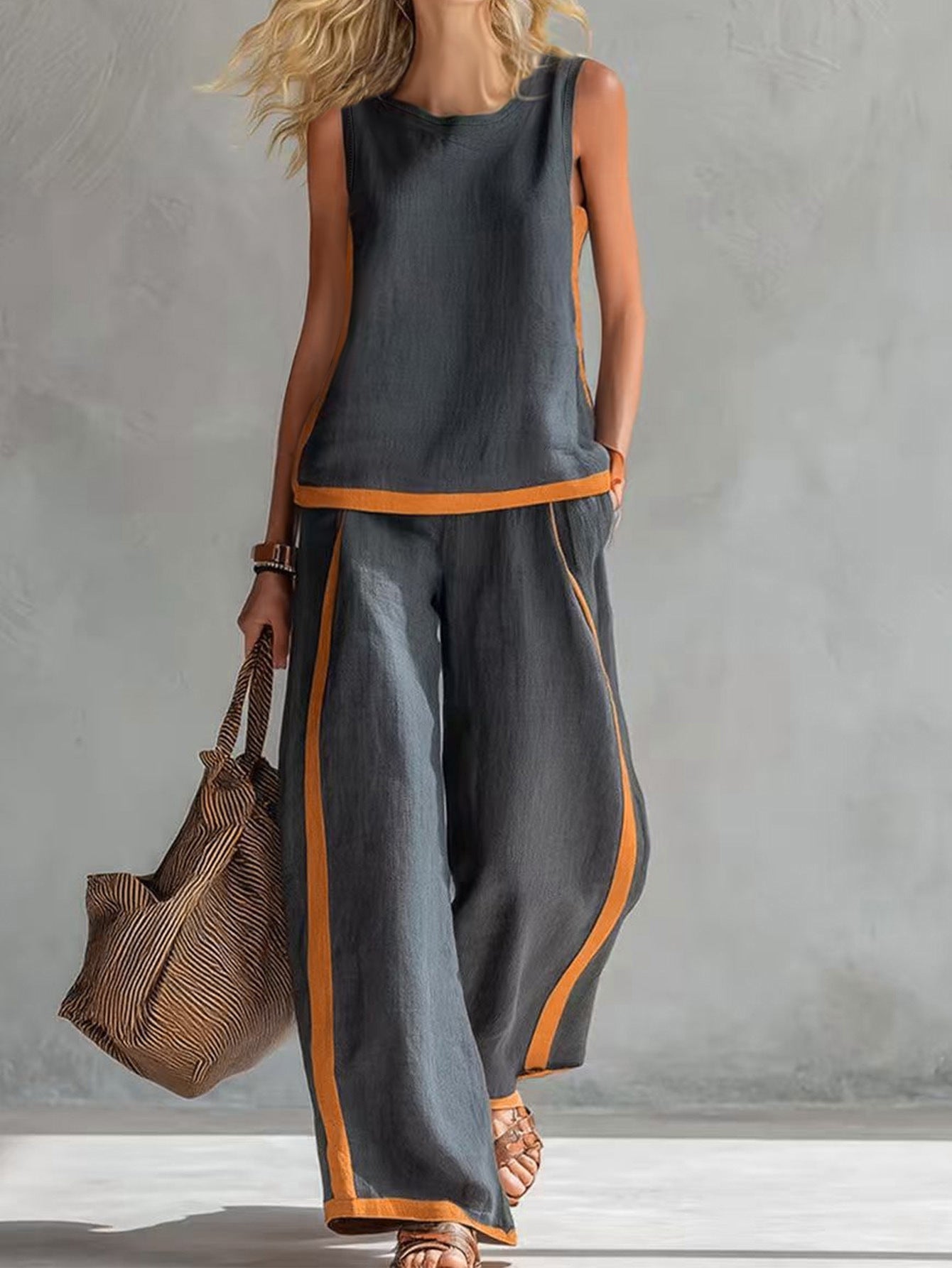 Women's Sleeveless Contrast Color Summer Two-piece Trendy Fashion Casual Suit