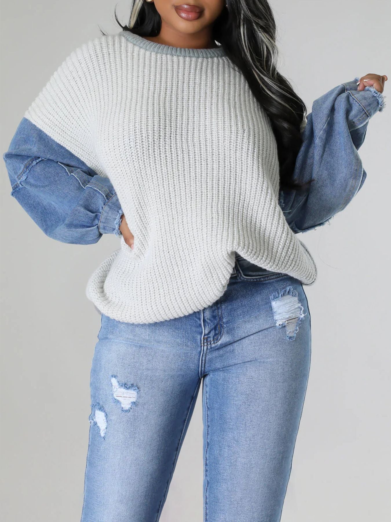 Trendy Comfortable Women's Denim Knitted Patchwork Small Suit