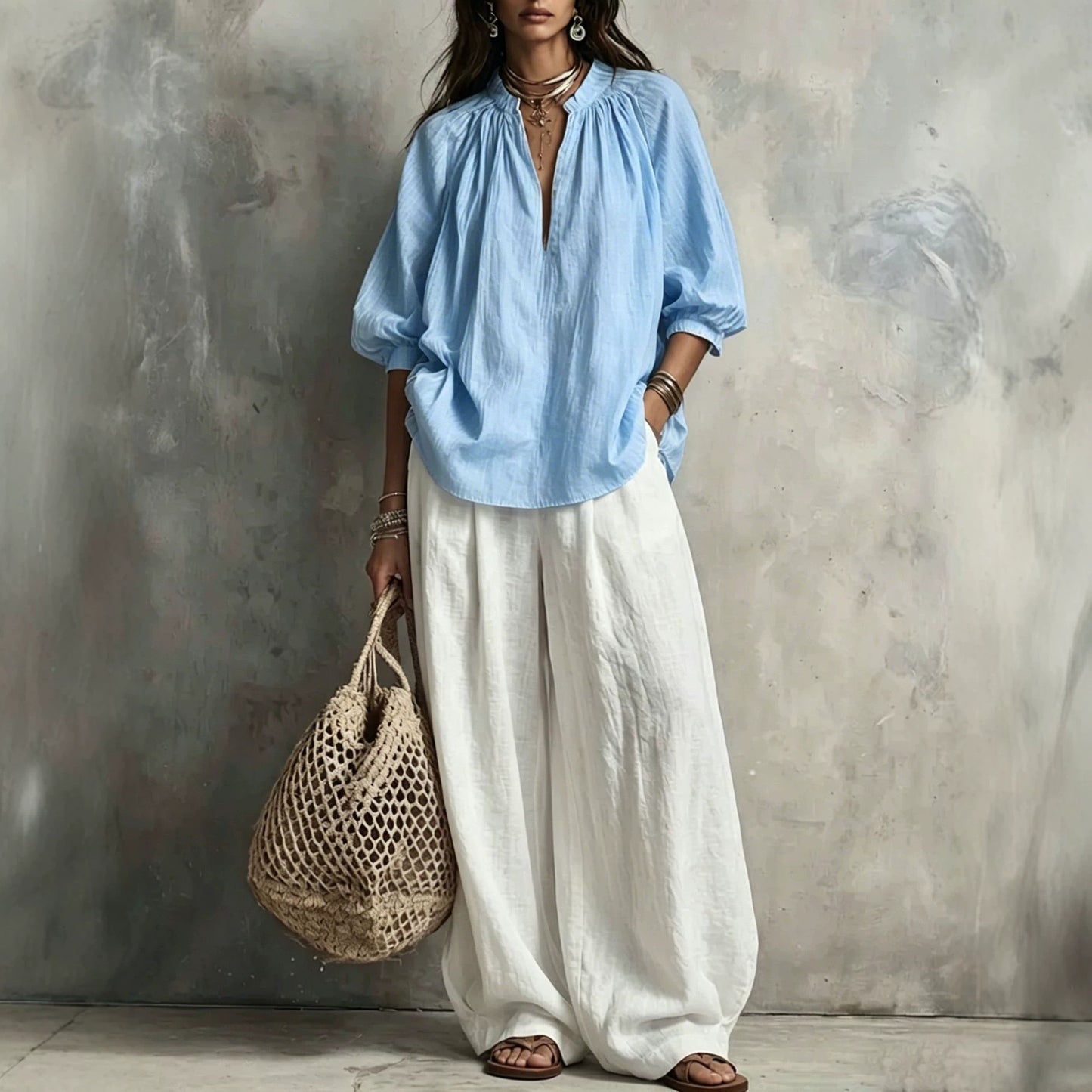 Summer Cotton Linen Puff Sleeve Shirt Wide Fashion Casual Suit