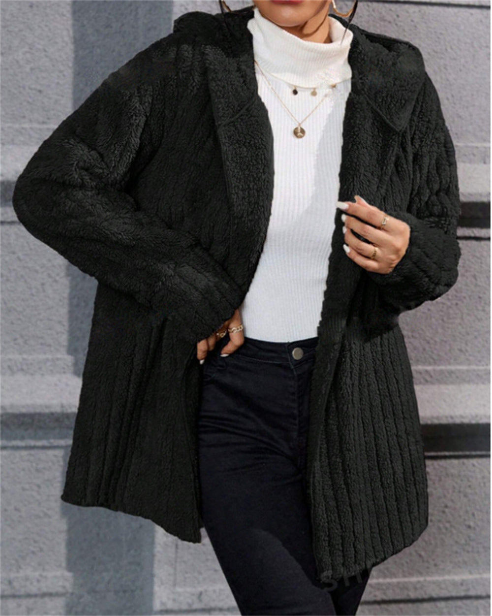 Warm Fashion Vertical Stripe Double-sided Hooded Women's Sweater, Sweater