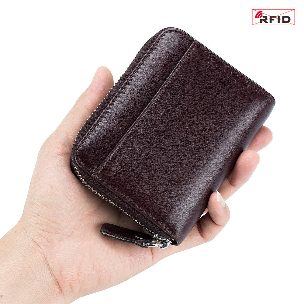 Men's Leather First Layer Cowhide Zipper Organ Card Holder
