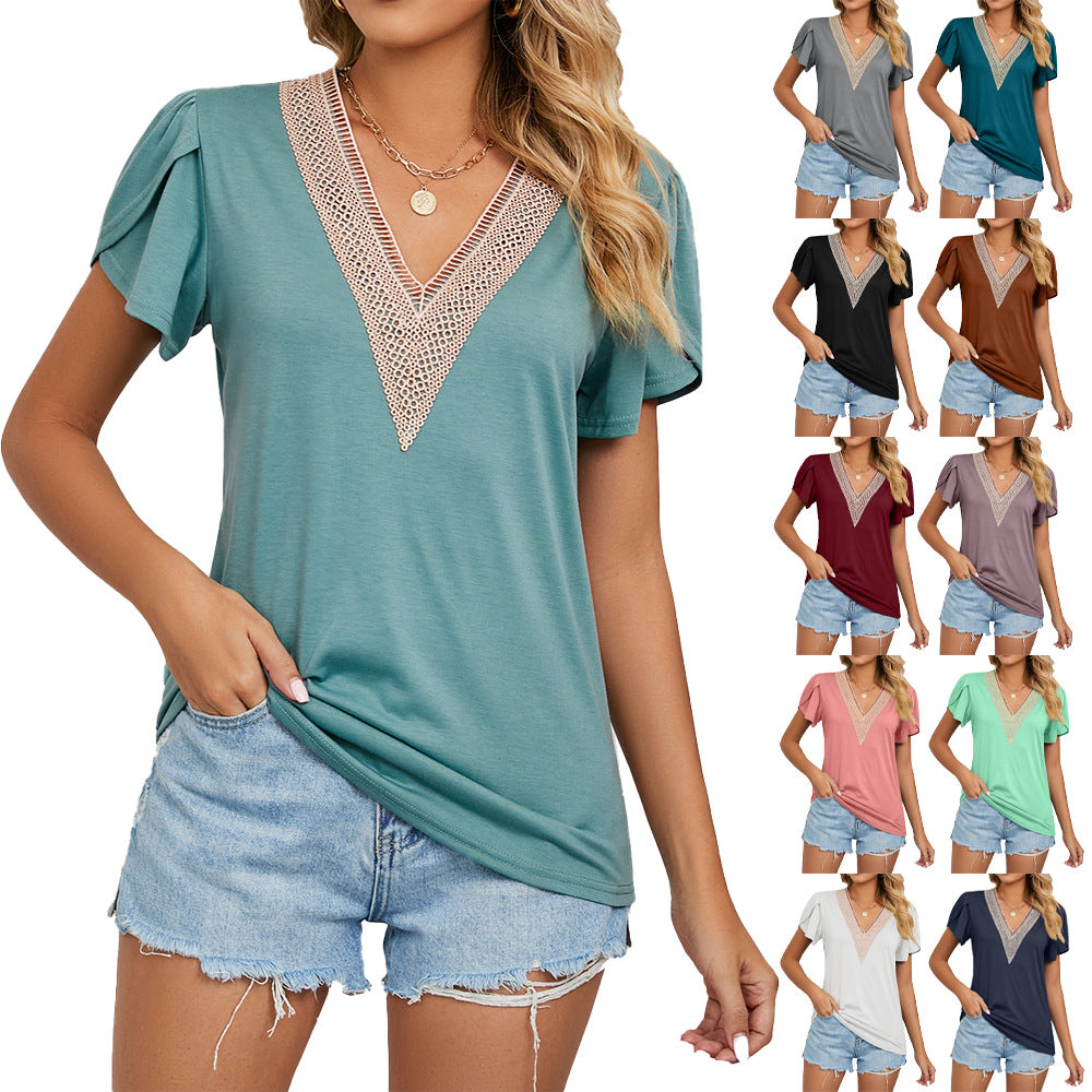Gold Lace Tile Sleeve Solid Color Women's T-shirt
