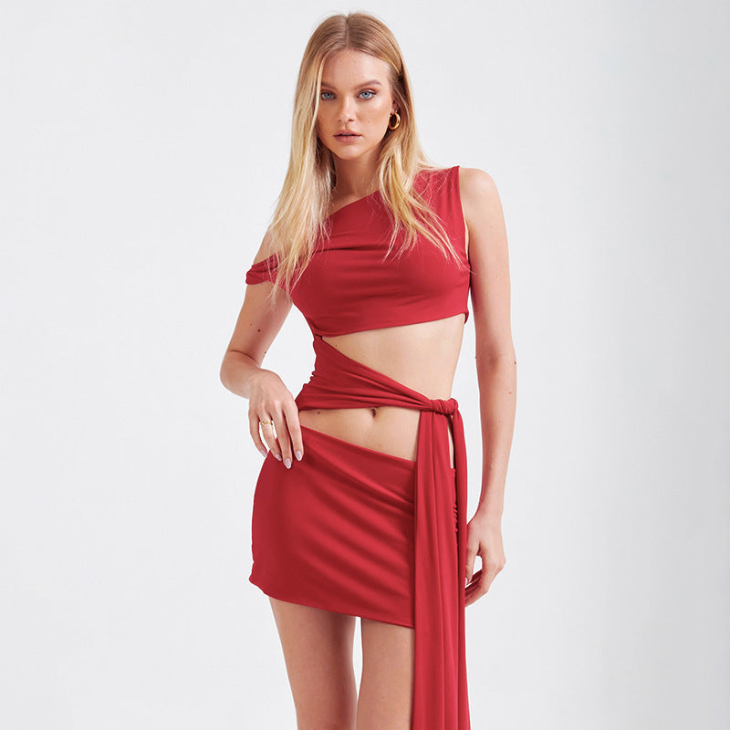Women's Color Diagonal Collar Sexy Cutout Tied Slim Fit Dress