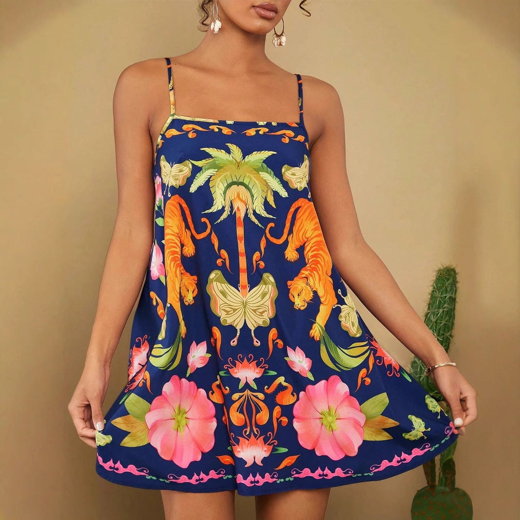 Women's Summer Bohemian Style Positioning Print Sleeveless Strap Dress