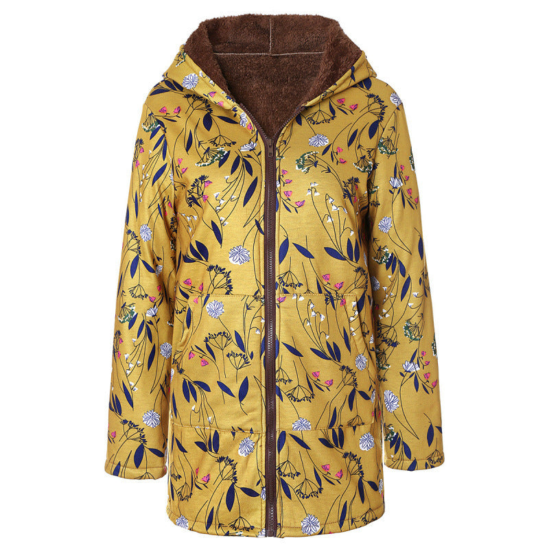 Women's Long-sleeved Zipper Hooded Thickened Composite Printed Dresses