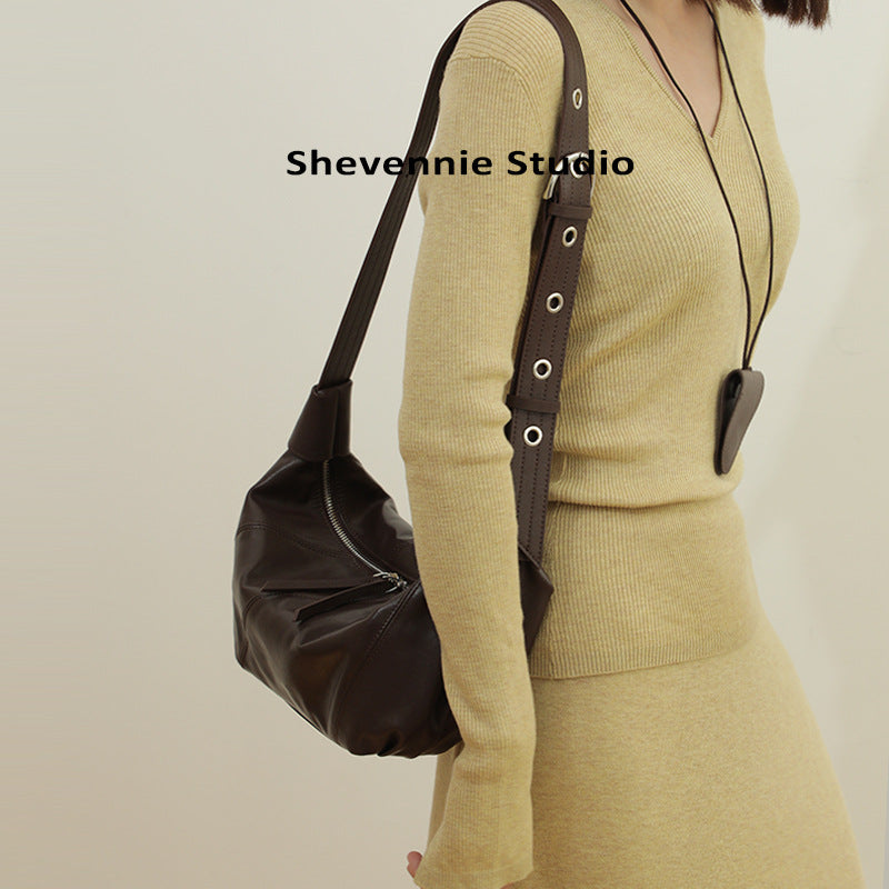 Niche Lazy Commuter Real Leather Wide Crossbody Bags