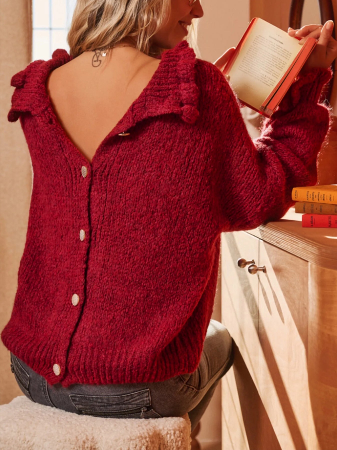 Casual Turtleneck Red Design Simple Loose Sweaters