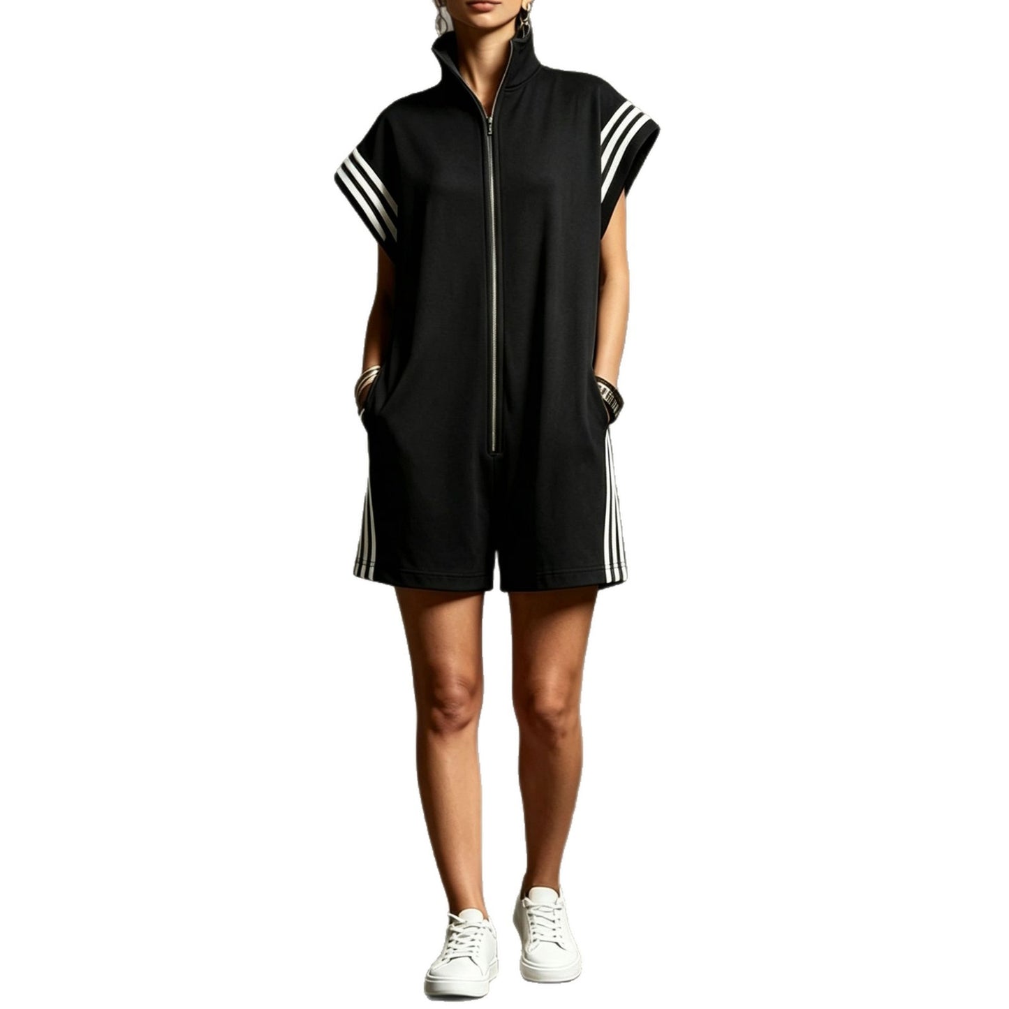 Women's Zipped Stand Collar Striped Contrast Color Women's Jumpsuit/clothing