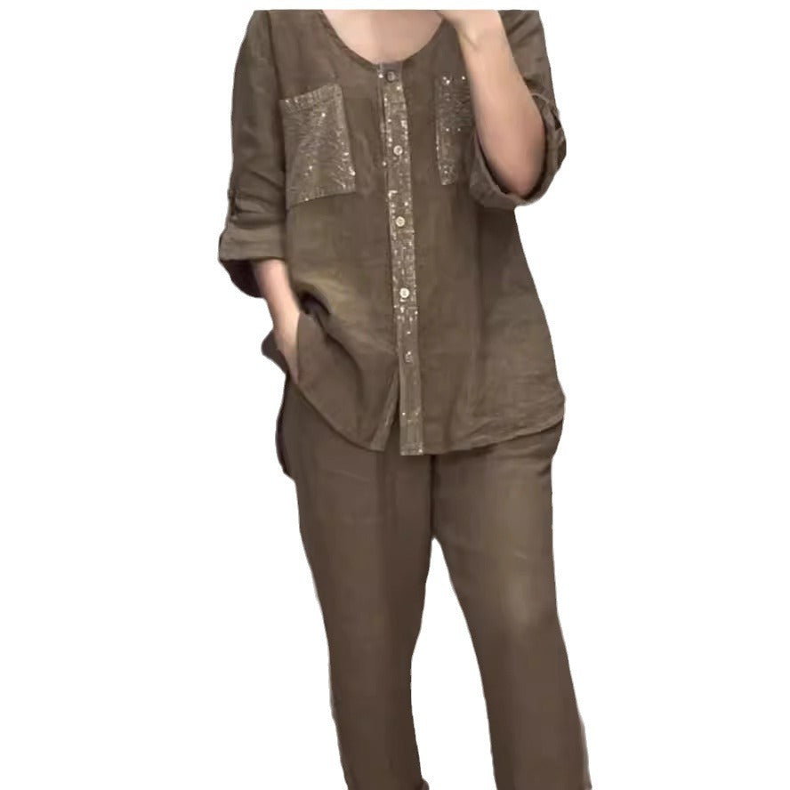 Women's Casual Set Pocket Placket Gilding Ladies Suits