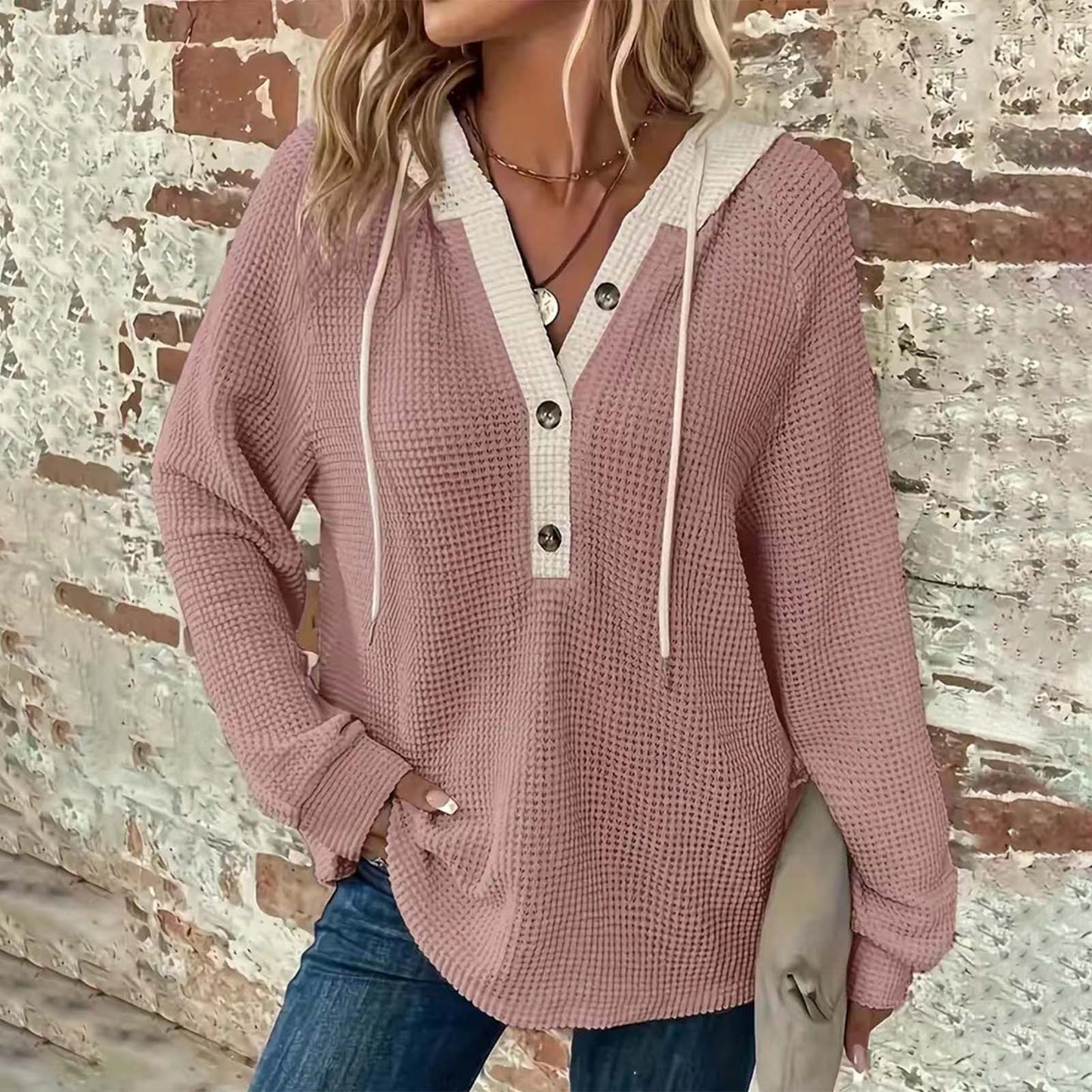 Women's Solid Color Waffle Hooded Button Loose Matching Women's Sweater, Sweater