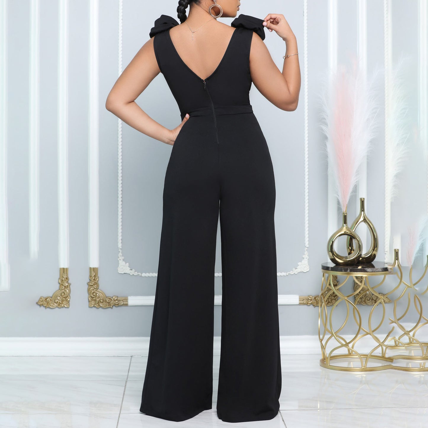 Women's Wide Leg Solid Color Turtleneck Sleeveless Pants