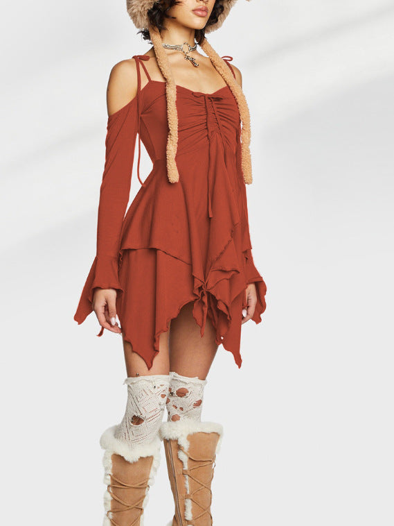 Women's Style Milk Silk Patchwork Cold-shoulder Long Sleeve High Waist Slip Clothing