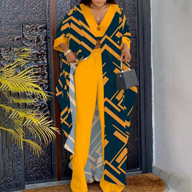 Women's Two-piece Buttons Printed Sleeves Drawstring Trousers Suits