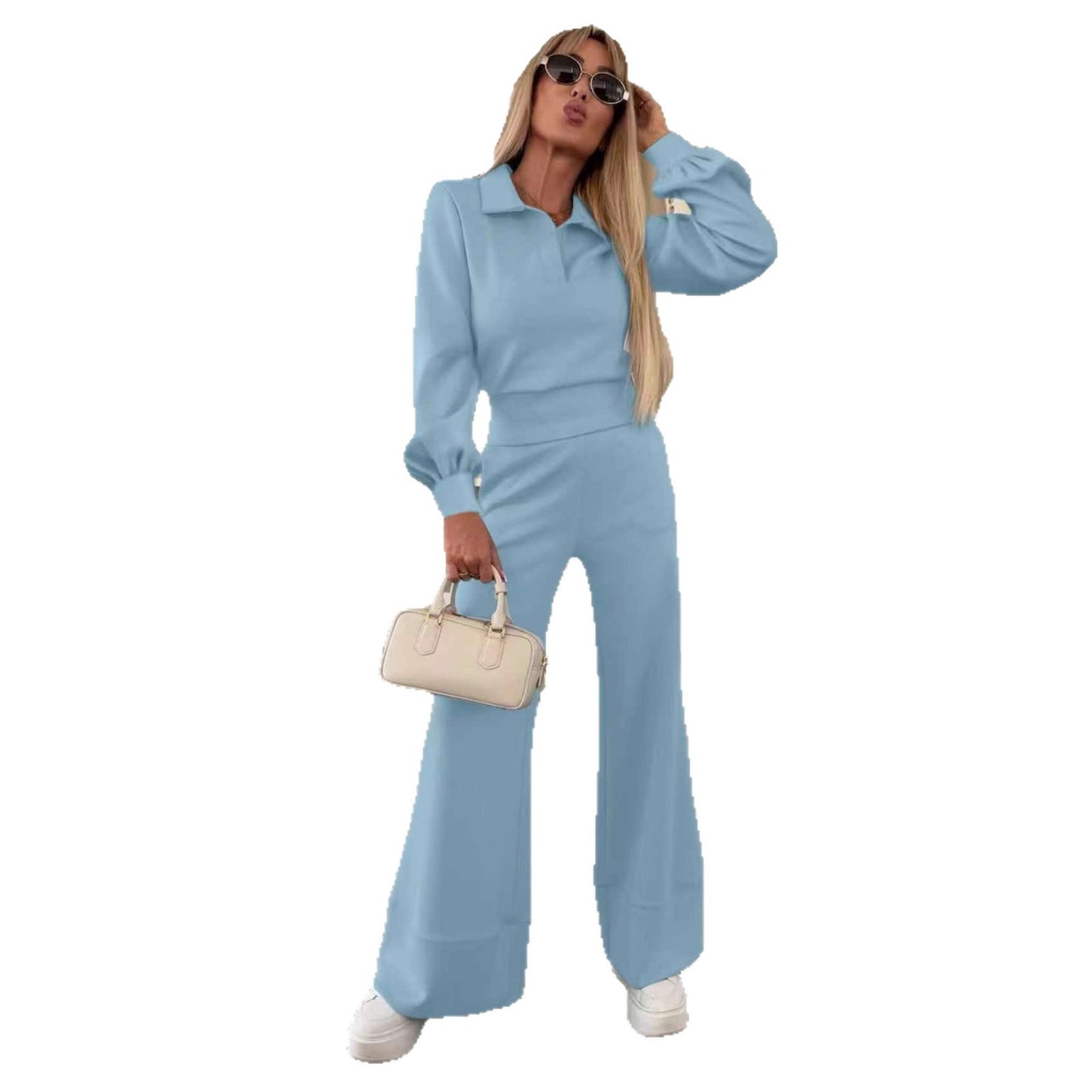 Women's Long Sleeve Elastic Wide Leg Two-piece Set Solid Color Polo Pants