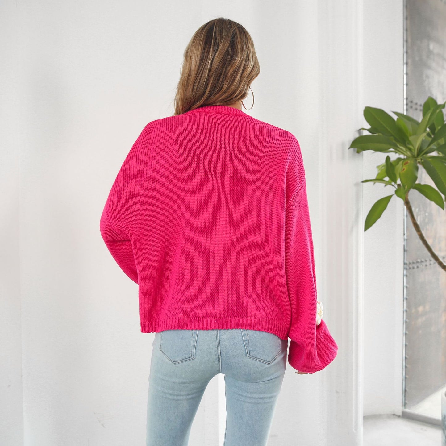 Women's Three-dimensional Embroidery Flower Lantern Sleeve Loose Sweaters