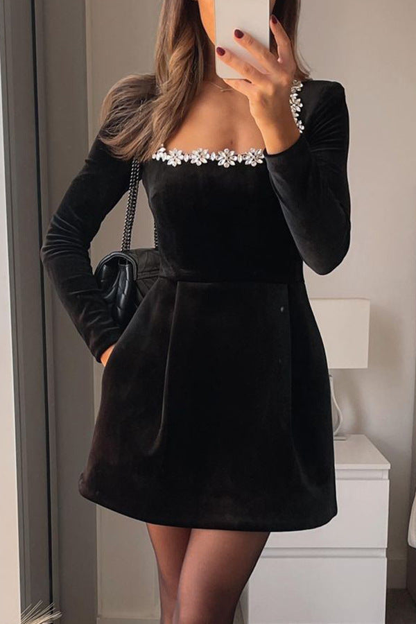 Women's Square Collar Diamond Inlaid Veet Long Dresses