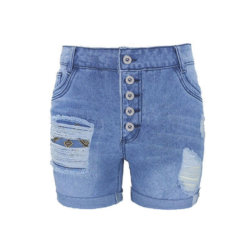 Women's Denim With Hole Curling Stretch Capri Shorts