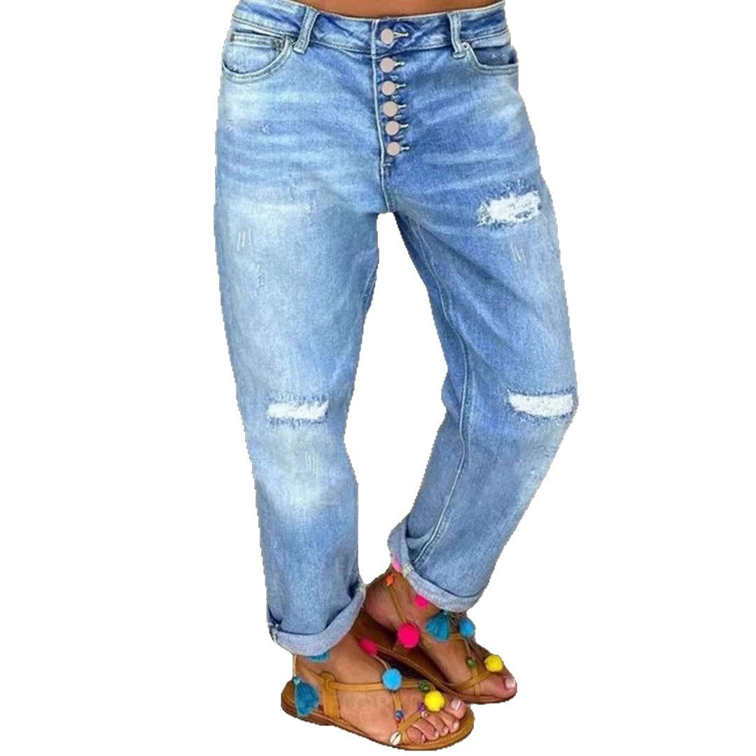 Women's Blue With Holes Loose Washed-out Straight Clothing