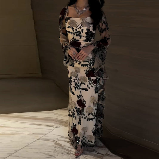 Yarn-dyed Rose Flower Black Bottom Soft Gauze Lace Dresses