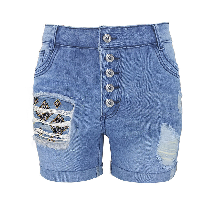 Summer Casual Cut-off Patch Breasted High Waist Embroidered Women's Jeans