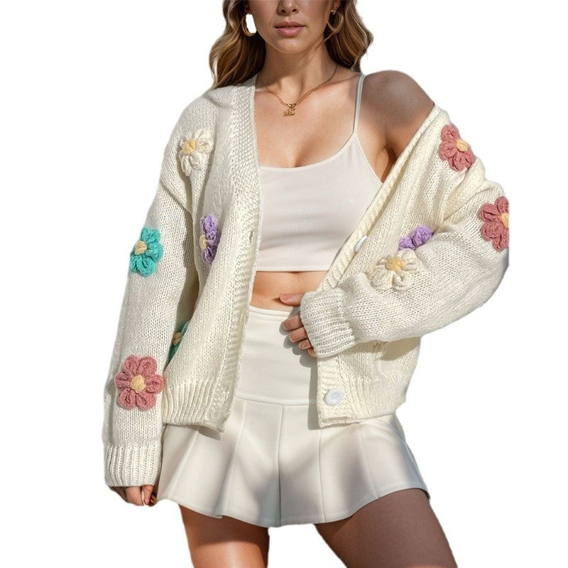 Women's Flowers Print Button Knitted Loose Long Sleeve Sweet Sweaters