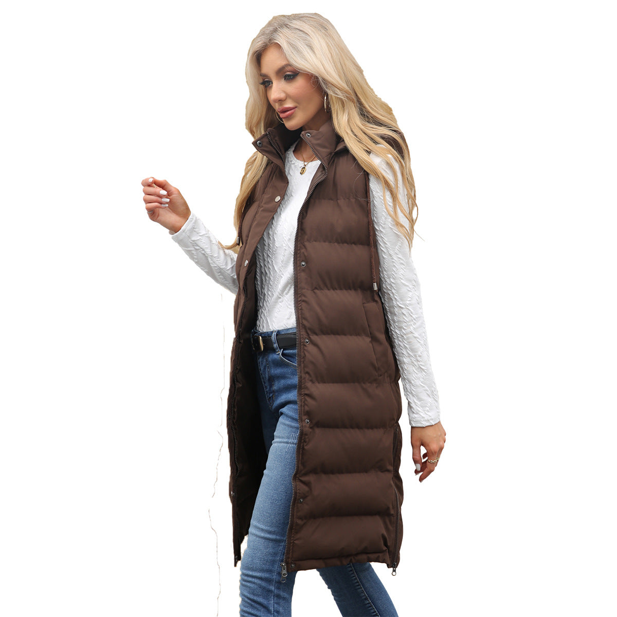 Women's Ladies Hooded Sleeveless Long Solid Color Vests