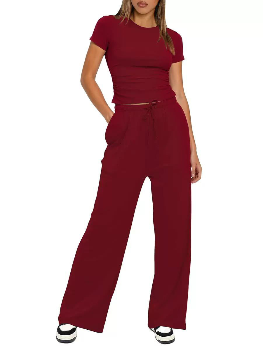 Solid Color Pleated Sleeve High Waist Wide Shorts