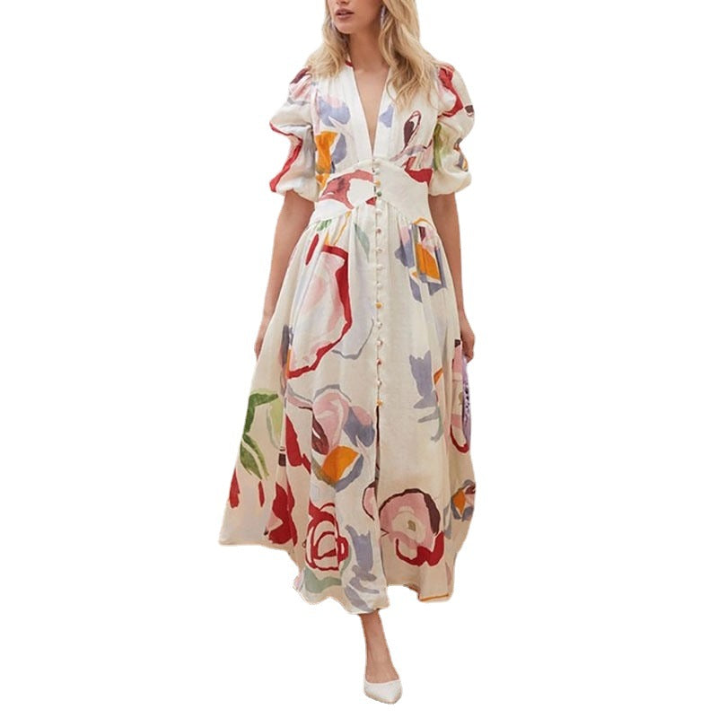 Women's Spring Beach Slim Fit Large Swing Elastic Printing Dress