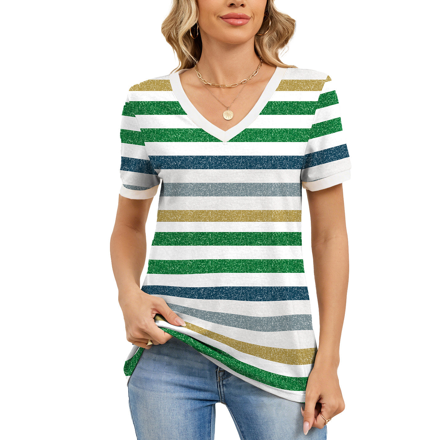 Attractive Striped V Neck Loose Sleeve Shorts