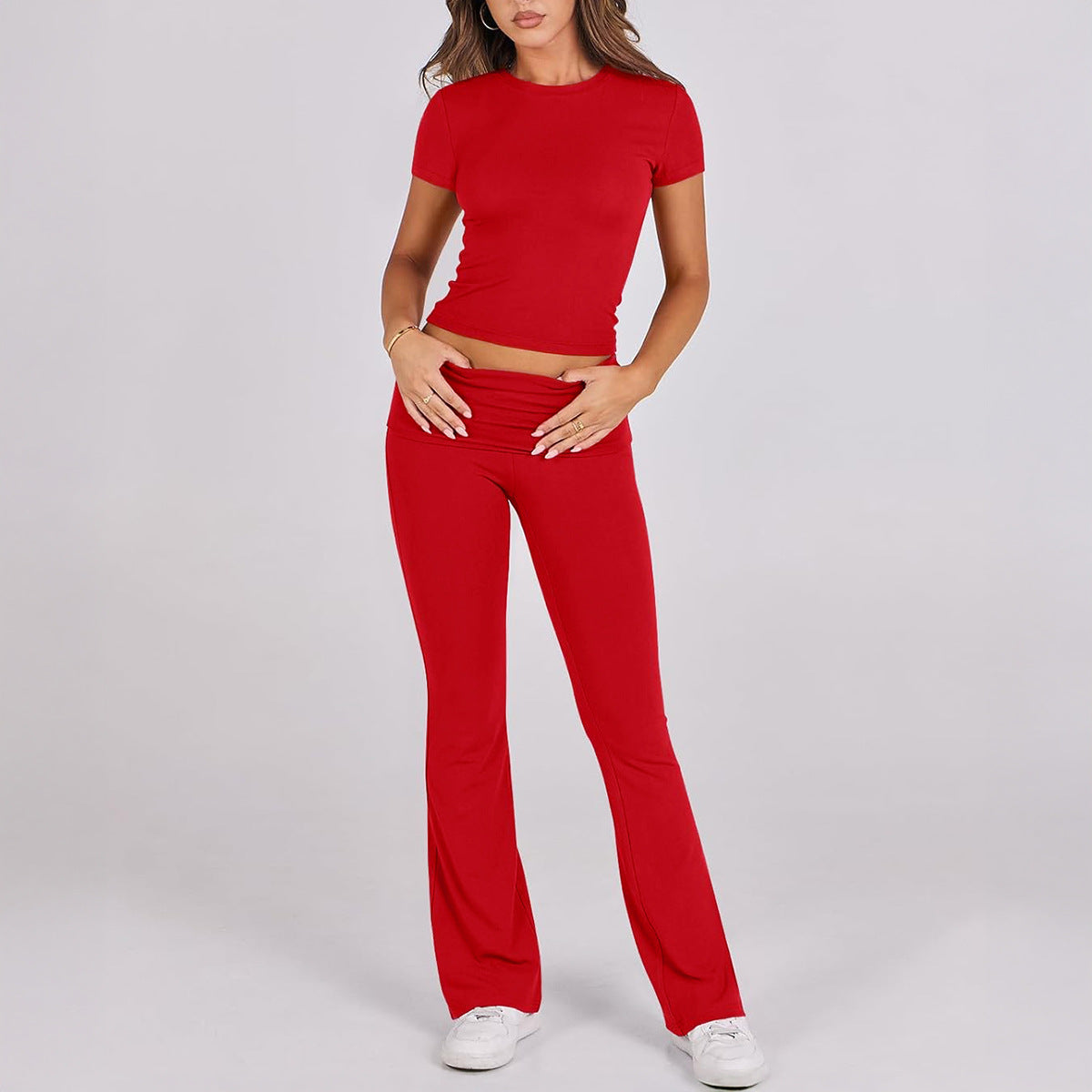 Women's Solid Color Short-sleeved High Waist Trousers Fashion Casual Suit