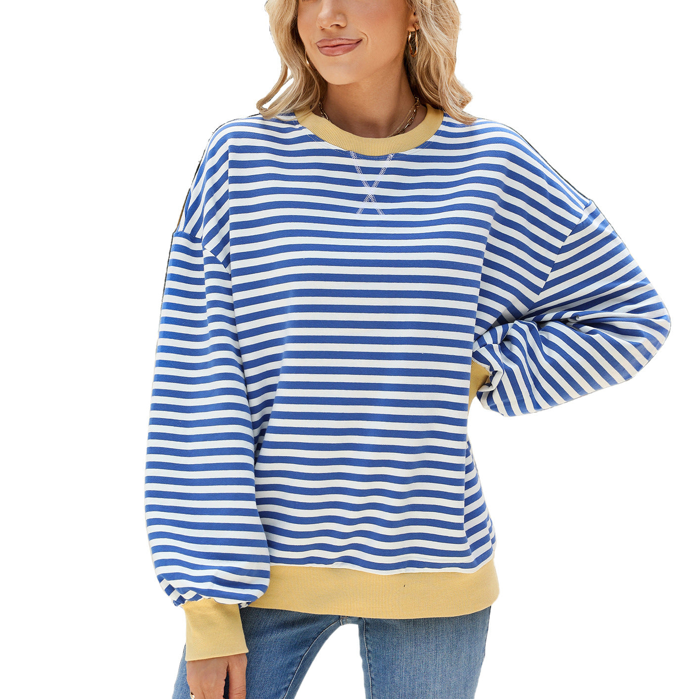 Women's Round Neck Contrast Color Loose Long Sleeve Women's Sweater, Sweater