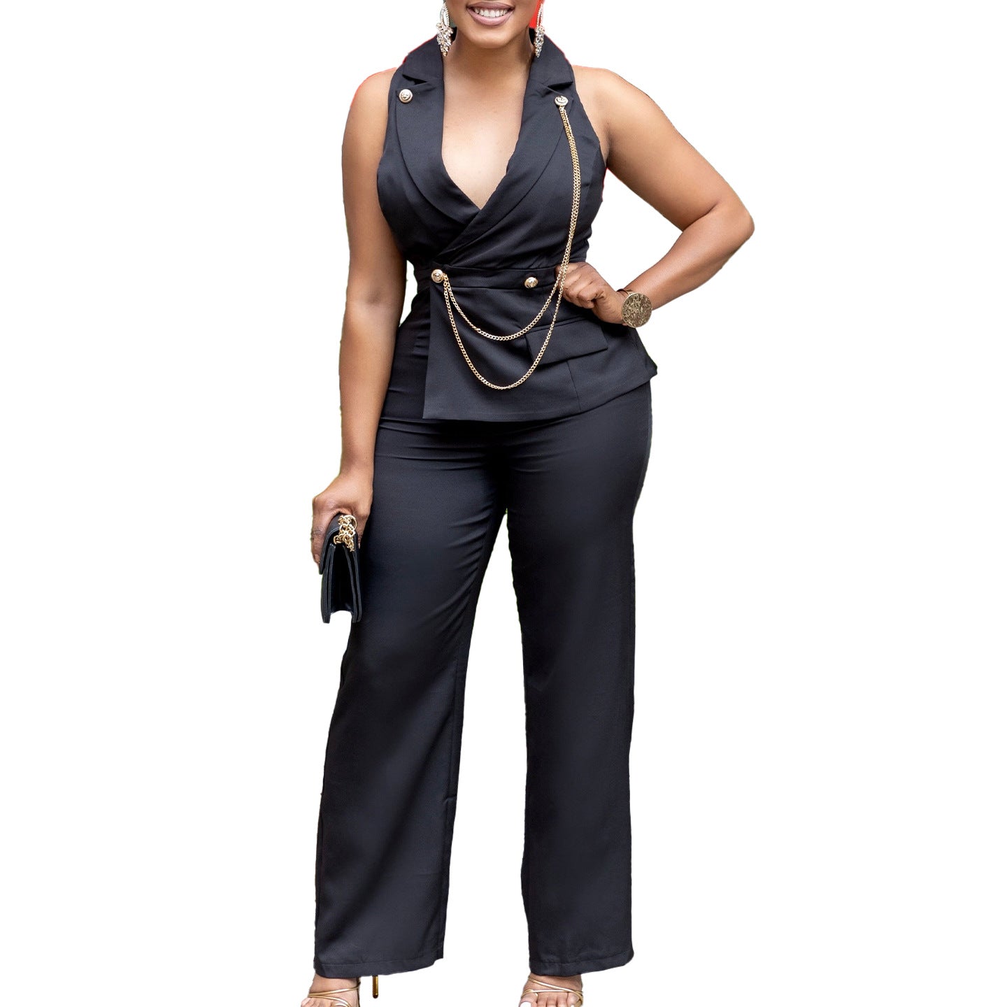 Women's Collar Sexy Fashion Chain Casual Wide Jumpsuits