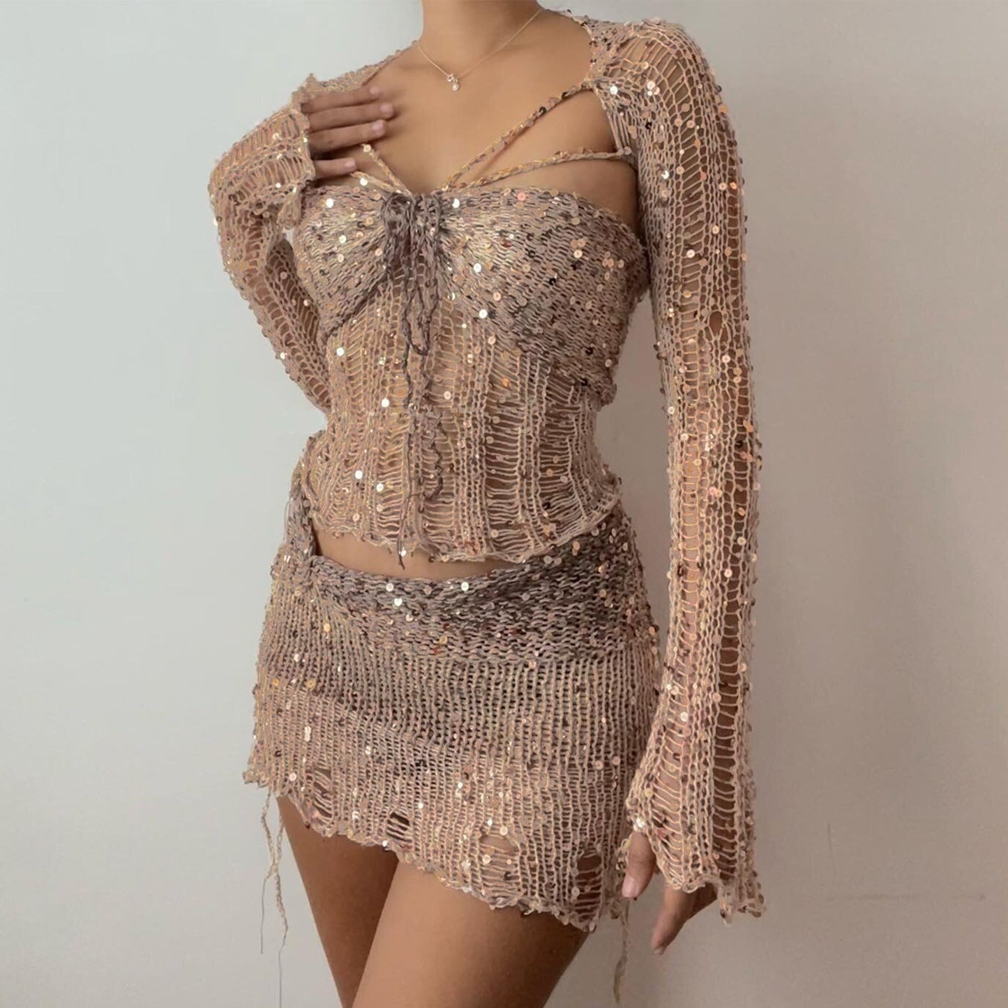 Comfortable Creative Women's Sequin Knitted Three-piece Fashion Casual Suit